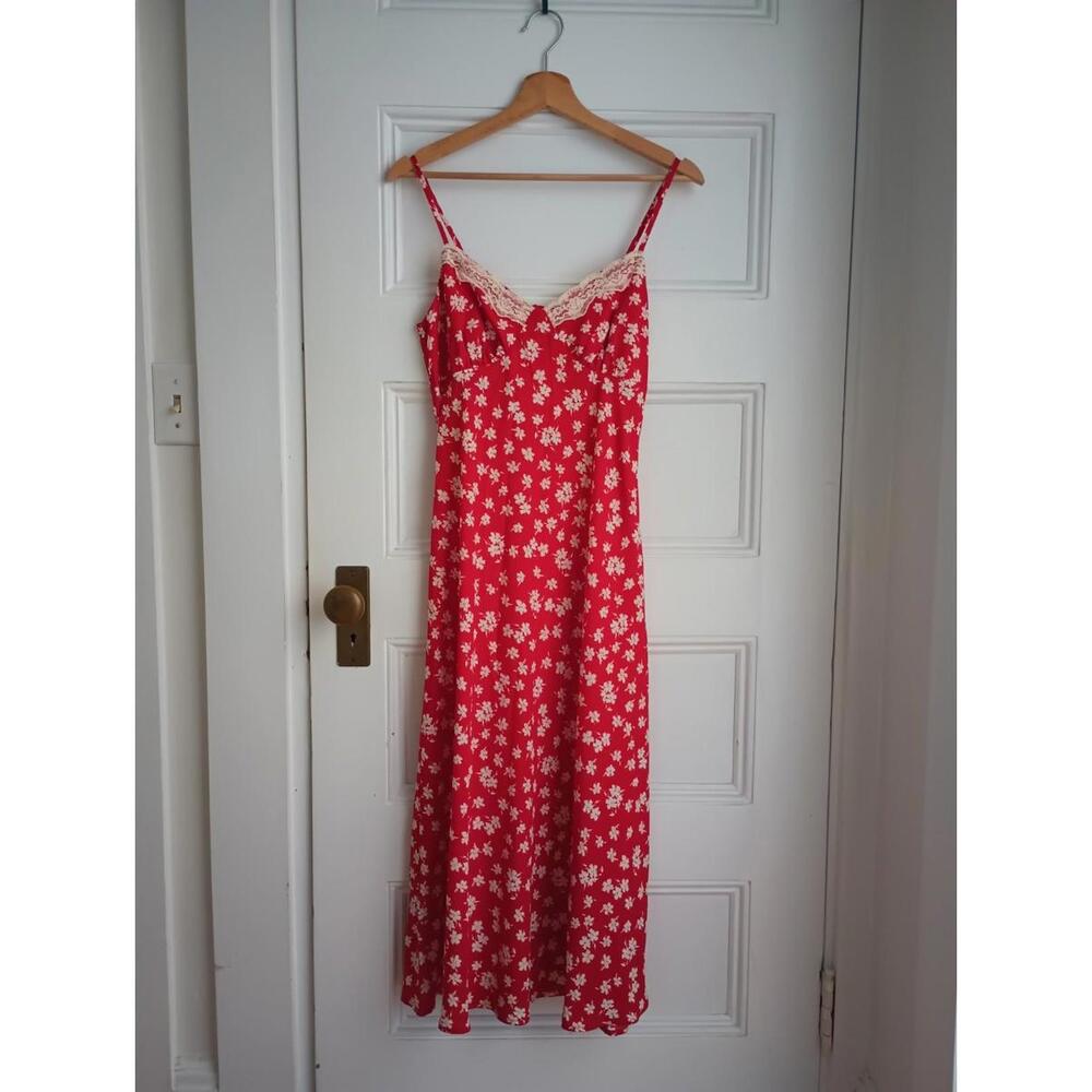 M Simple Retro Red Floral Midi Dress Sleeveless  Lace Vintage Style Cottagecore